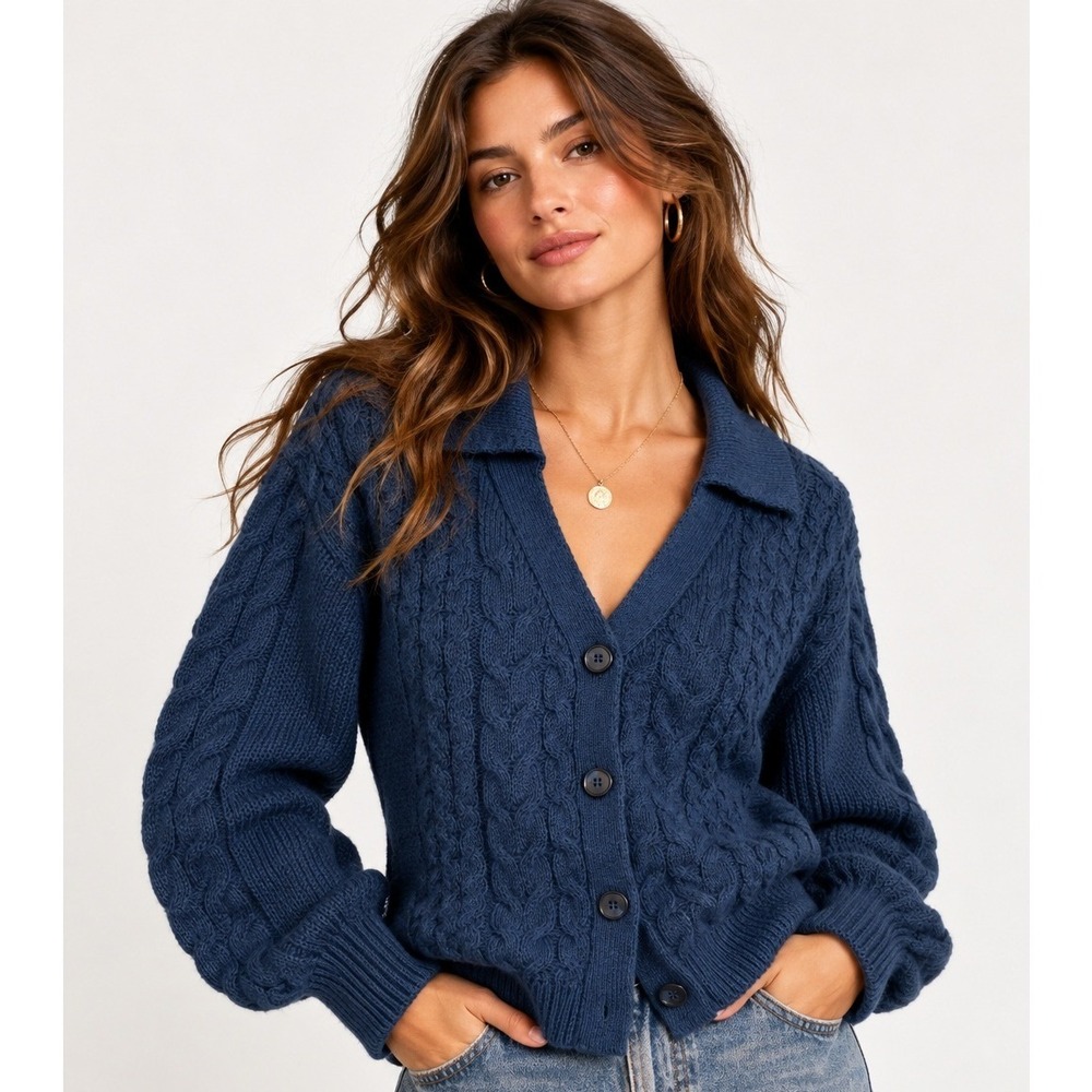 Lety & Me Mara Cable Jonny Collar Button Front Cardigan Indigo Blue Size S NWT